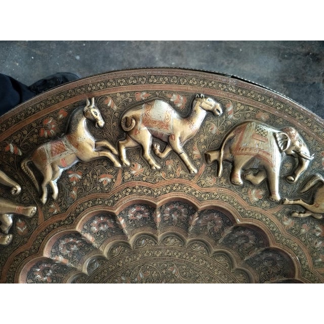 Vintage Morrocan Brass Tray Table With Folding Hand Carved Wood Base For Sale - Image 4 of 8