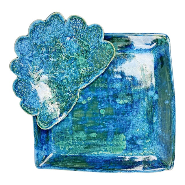 Blue-Green Crystalline Glaze Studio Pottery Serving Platter With Sculptural Bowl, 13″ For Sale