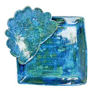 Blue-Green Crystalline Glaze Studio Pottery Serving Platter With Sculptural Bowl, 13″