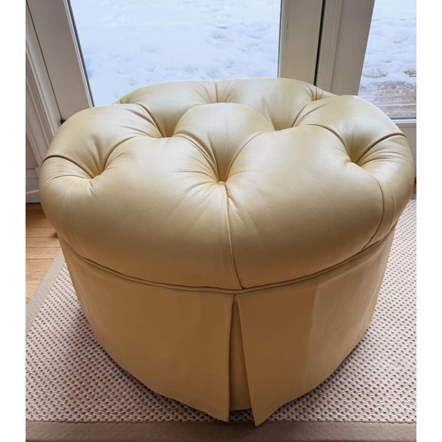 Custom Butter Yellow Tufted Leather Ottoman, Footstool For Sale - Image 13 of 18