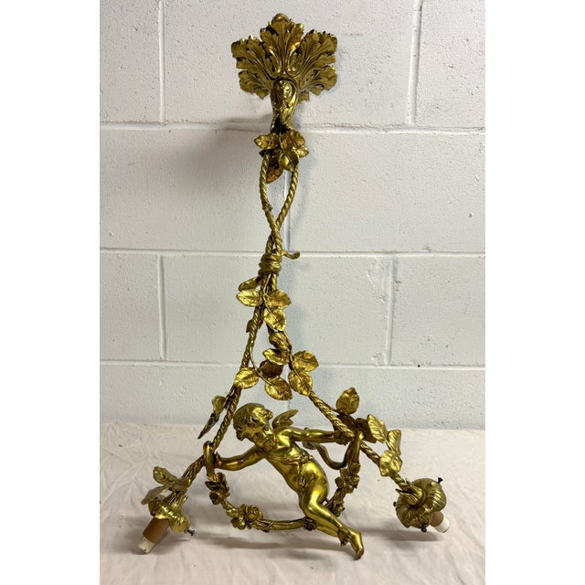 Victorian Antique Ornate Gilt Bronze Cherub Angel Putti Hanging Chandelier Fixture For Sale - Image 3 of 16