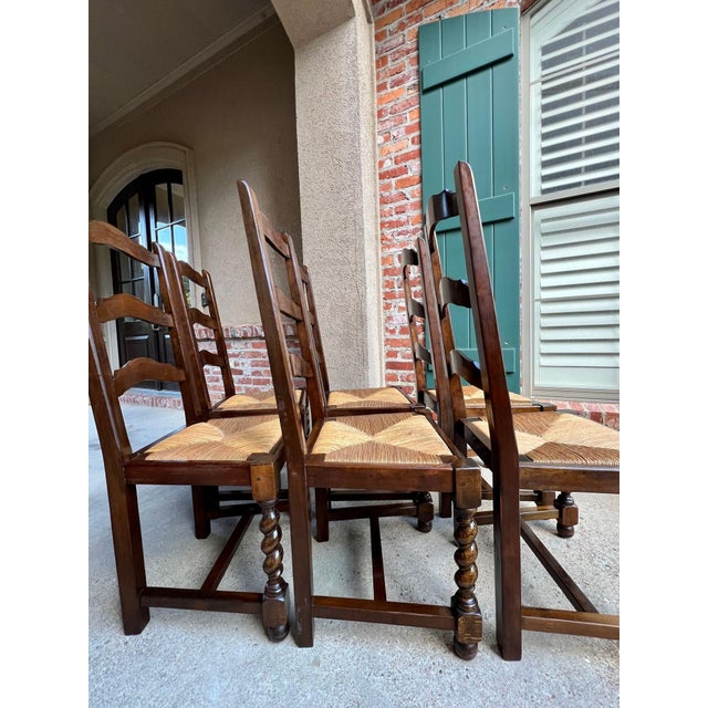 Vintage French Dining Chairs Set 6 Oak Barley Twist Rush Seat Ladder Back For Sale - Image 17 of 18