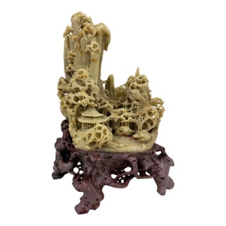 Vintage Hand Carved Chinese Soapstone Mountain Village With Pagoda Landscapes For Sale