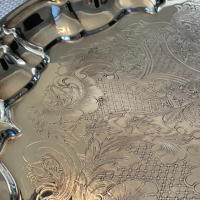 Vintage Leonard Silver Plate Footed Serving Tray With Ornate Floral Engraving For Sale - Image 9 of 12