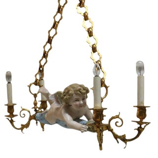 Antique French Rococo Cherub Bisque Porcelain & Gilt Bronze Hanging Light C1920 For Sale