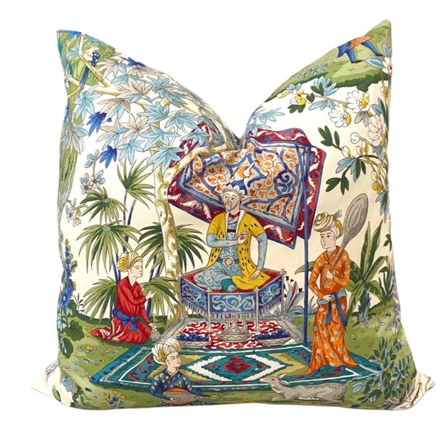 A colorful South Asian chinoiserie pillow cover with a large delightful scene. So many colors to work with in this print -...