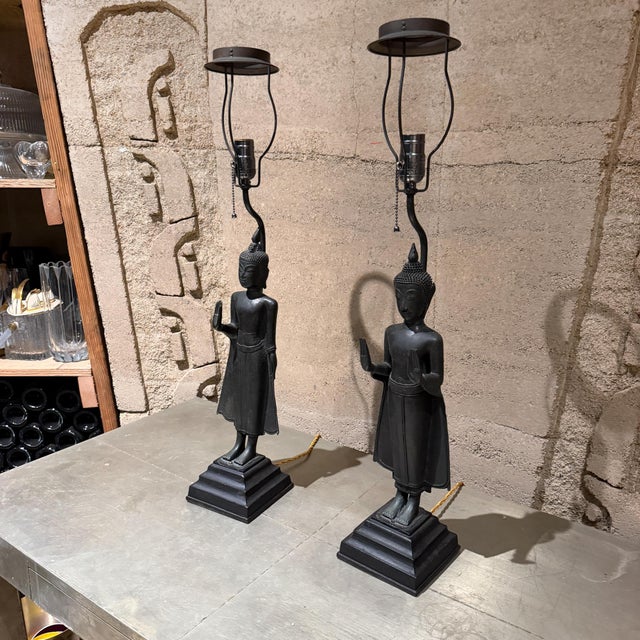 Vintage Hollywood Regency Thai/Khmer-Style Bronze Standing Buddha Table Lamps For Sale - Image 4 of 18