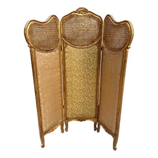 French Three-Panel Screen Woven Straw, Gold Decoration and Baroque Fabric, 1890s For Sale