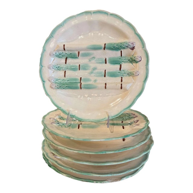 Early 20th Century French Painted Ceramic Barbotine Asparagus Plates, Set of 6 For Sale