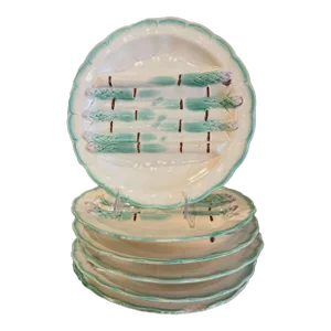 Early 20th Century French Painted Ceramic Barbotine Asparagus Plates, Set of 6