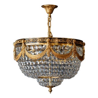 Art Deco Low Plafonnier Crystal Chandelier in Gold Lustre Brass For Sale