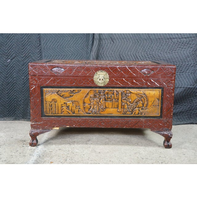 Coffee Mid Century Chinese Carved Elm Trunk Hope Chest Coffee Table Camphor Chinoiserie For Sale - Image 8 of 18