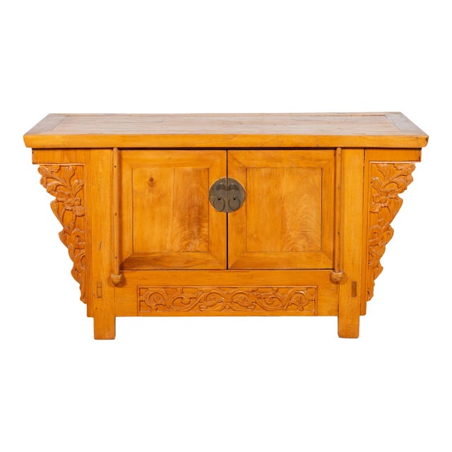 Early 20th Century Chinese Elm Carved Spandrel & Apron Sideboard For Sale