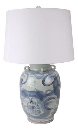 Matthew Izzo Home Jingdezhen Hand Painted Porcelain Folk Table Lamp With White Linen Shade - New