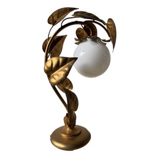 Vintage Hollywood Regency Table Lamp in Gilded Metal & Opaline Glass, Germany, 1970s For Sale