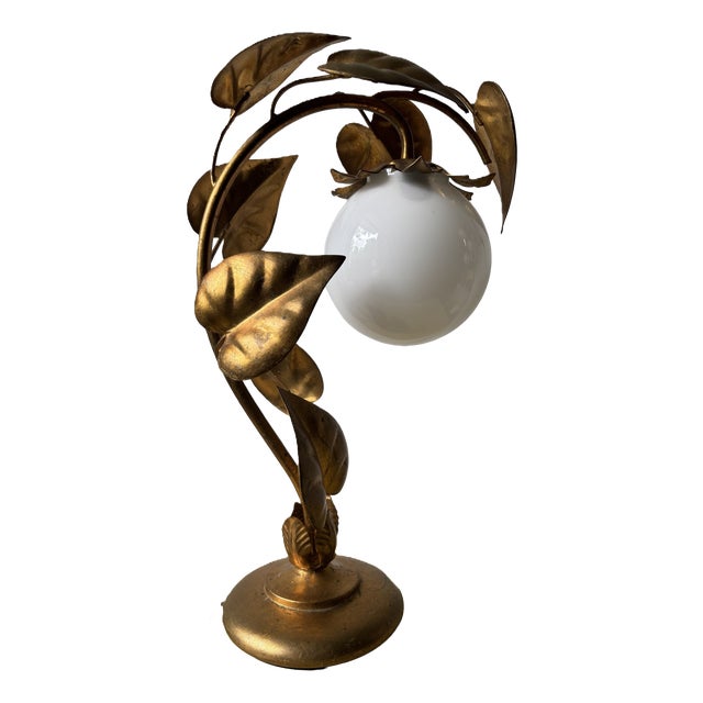 Vintage Hollywood Regency Table Lamp in Gilded Metal & Opaline Glass, Germany, 1970s For Sale