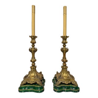 Pair of Antique Continental Gilt-Metal Grape-Vine & Faux Malachite Table Lamps For Sale