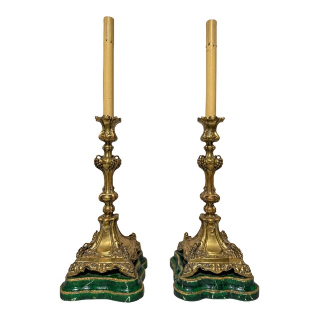 Pair of Antique Continental Gilt-Metal Grape-Vine & Faux Malachite Table Lamps For Sale