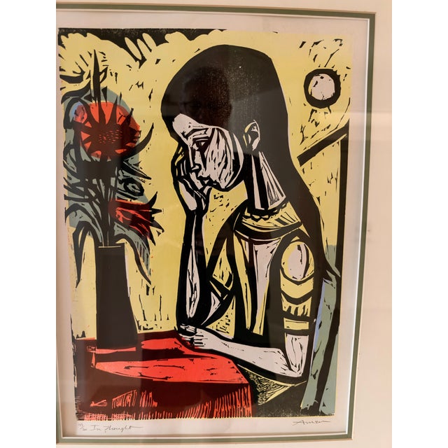 Irving Amen Irving Amen (American, 1918–2011) "In Thought" Signed Limited Edition Color Woodcut, Framed For Sale - Image 4 of 12
