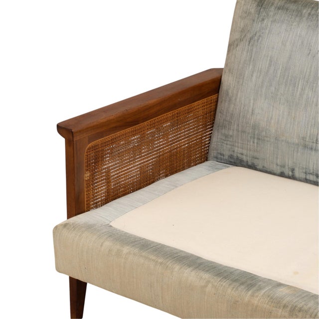1960s Mid Century Modern Caned Walnut Velvet Long Sofa for Reupholstery 101" For Sale - Image 12 of 16
