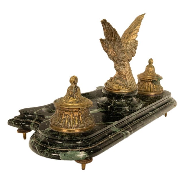 Antique 19thC French Empire Gilt Bronze Marble Eagle Desk Set Twin Inkwell 1880 For Sale - Image 9 of 16