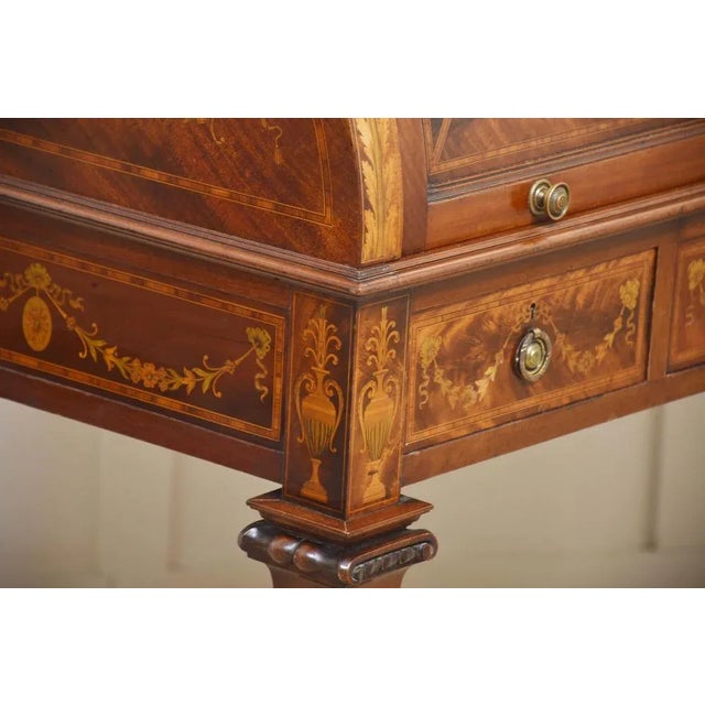 Sheraton Revival Marquetry Inlaid Cylinder Desk For Sale - Image 9 of 18