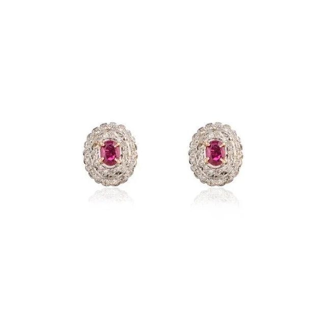 Genuine Ruby and Halo Diamond Stud - 2 Pieces For Sale - Image 4 of 6