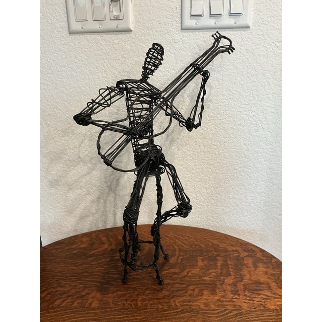 Metal Contemporary Seated Band Player Black Wire Metal Art Sculptures For Sale - Image 7 of 7