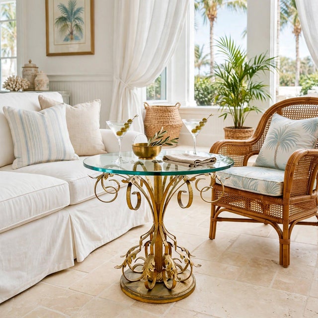 This Italian Florentine style gilt wrought iron accent table features hand-formed acanthus leaves and scrollwork...
