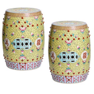 Chinese Famille Rose Garden Stools, A-Pair For Sale