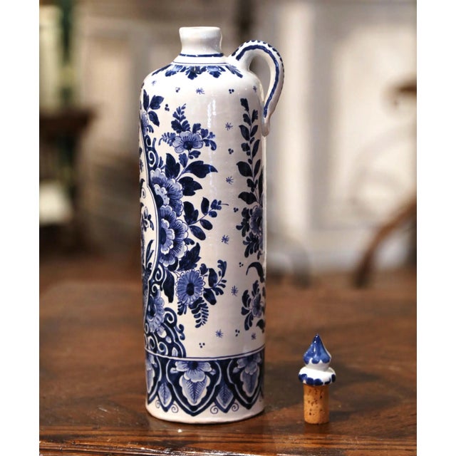 Mid 20th Century Mid-Century Dutch Blue and White Painted Faience Delft Olive Oil Bottle For Sale - Image 5 of 9