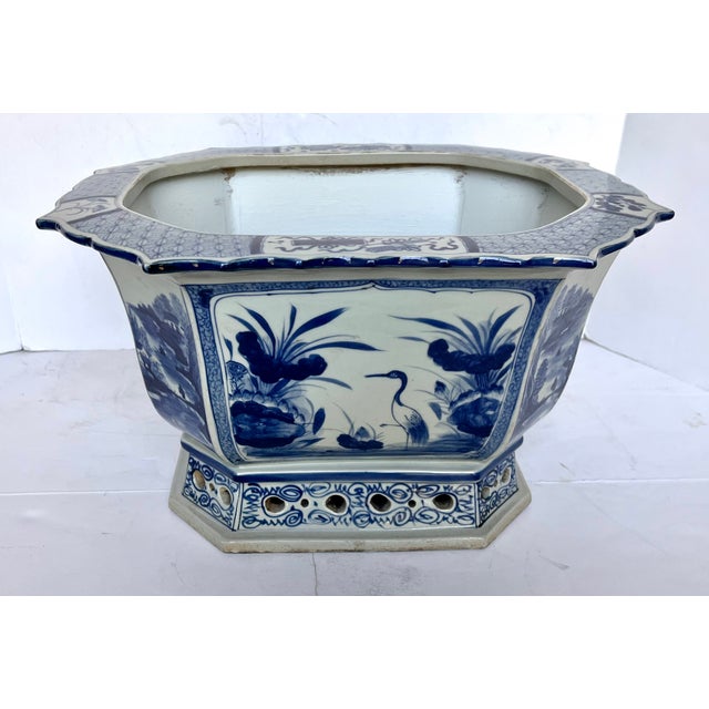 Blue Vintage Chinoiserie Octagonal Blue & White Cachepot/Planter For Sale - Image 8 of 16