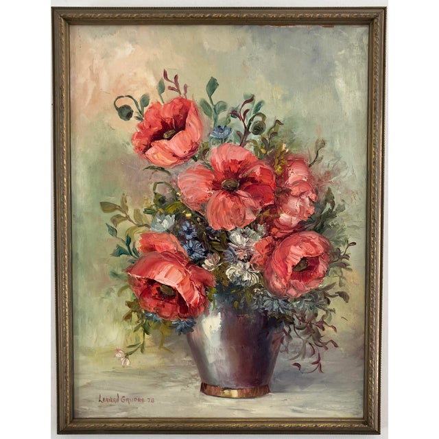 Red Vintage Floral Still Life Painting by Leavern Grubbs (1978) For Sale - Image 8 of 12