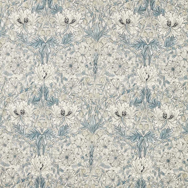 Morris & Co. Pure Honeysuckle & Tulip WW Fabric in Mineral Blue/Cream For Sale
