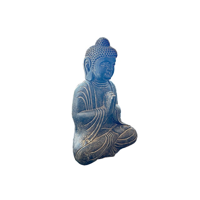 Asian 24" Distressed Black Brown Cross Legs Peaceful Hands Stone Buddha Statue For Sale - Image 3 of 13