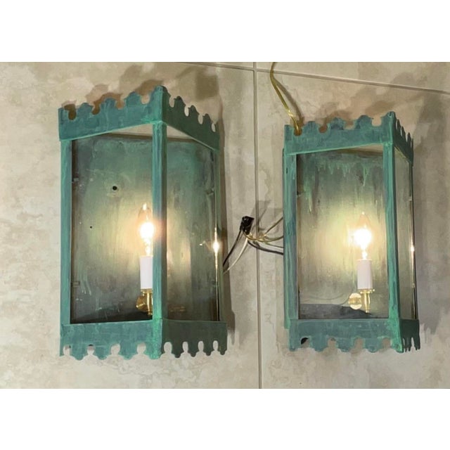 Pair of Artistic Vintage Patinated Metal Wall Lantern Sconces For Sale - Image 4 of 16