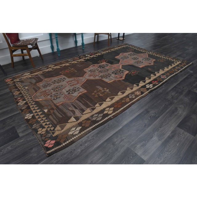 Black 1970s Vintage Turkish Handmade Wool Cotton Brown Runner Rug For Sale - Image 8 of 11