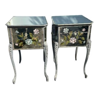 1960s Pair of Vintage French Eglomise Reverse Painted Mirror and Wood Mid Century Nightstands For Sale