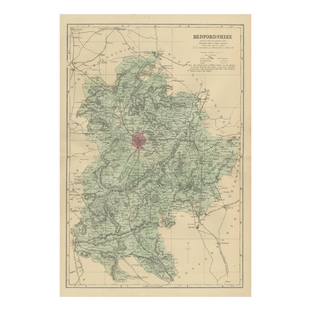 Victorian Map of Bedfordshire with Railways and County Detail, 1885 For Sale