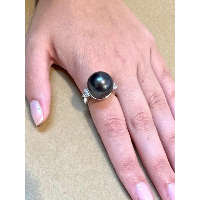 15MM Round Black Tahitian Pearl & Diamond Platinum Ring Size 5.5 For Sale - Image 12 of 18
