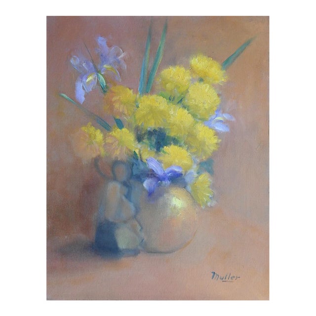 Mid 20th Century Yellow and Purple Floral Still Life Painting For Sale