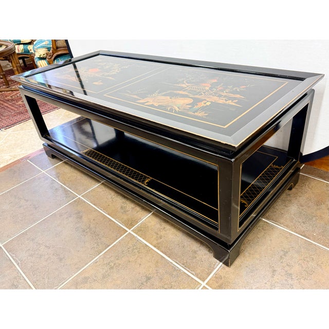 Chinoiserie Chinese Black Lacquered Hand Painted Coffee Table For Sale - Image 4 of 9
