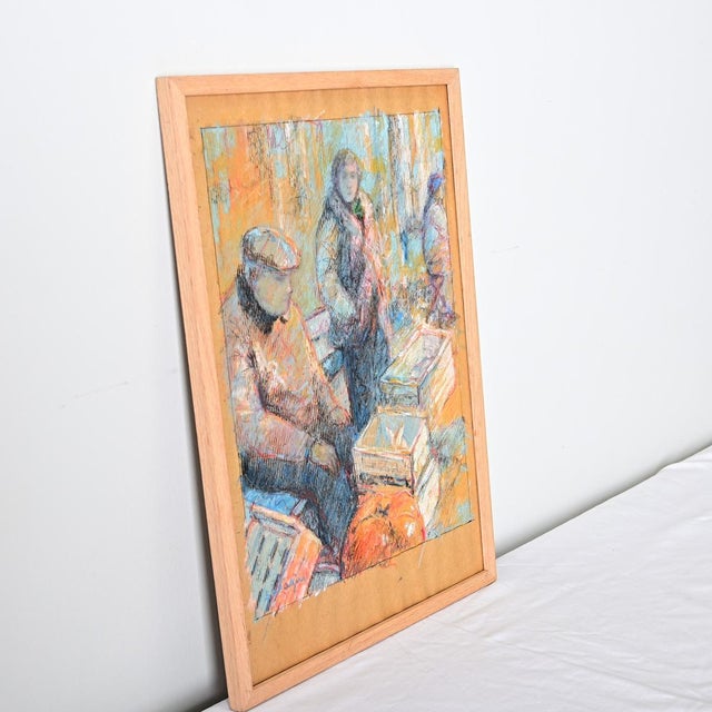 Mid 20th Century French Vintage Framed Pastel Drawing of a Farmer's Market For Sale - Image 5 of 10