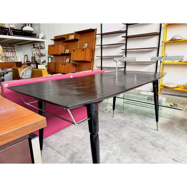 Brown Black Lacquered Wood Dining Table with Conical Legs and Chrome Details, 1960s For Sale - Image 8 of 9