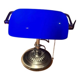 1990s Mid Century Modern Cobalt Blue Glass Shade Bankers Desk Lamp For Sale