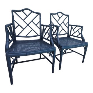 1970s Vintage Pair Faux Bamboo Chippendale Chairs Cane Seats For Sale