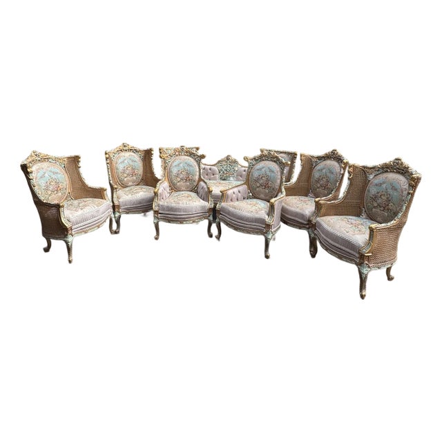 1940 French Louis XVI Pastel Beech Sofa Set - 7 Pc For Sale