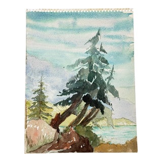 Vintage Original Double-Sided Landscape Watercolor Painting 1970s For Sale