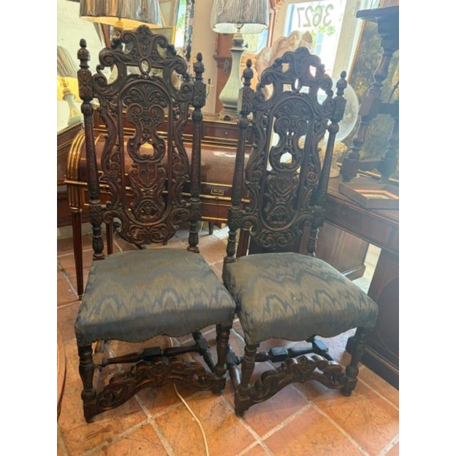 Superb Pair of Antique English High Back Carved Walnut Hall Chairs For Sale - Image 10 of 10