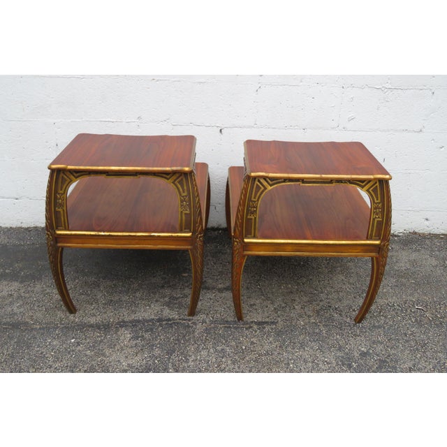 French Hollywood Regency Carved Two Tiers Side End Lamp Tables a Pair